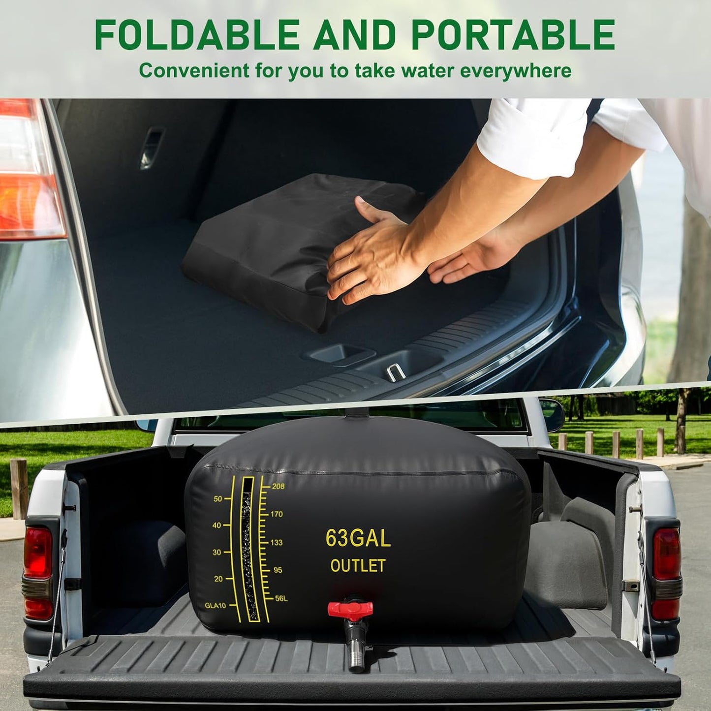 240L/63 Gal Water Bladder with Water Level Indicator, PVC Foldable and Portable Water Tank with 3 Connectors and Overflow Kit, Ideal for RV, Camping, Rainwater Collecting,Planting Watering