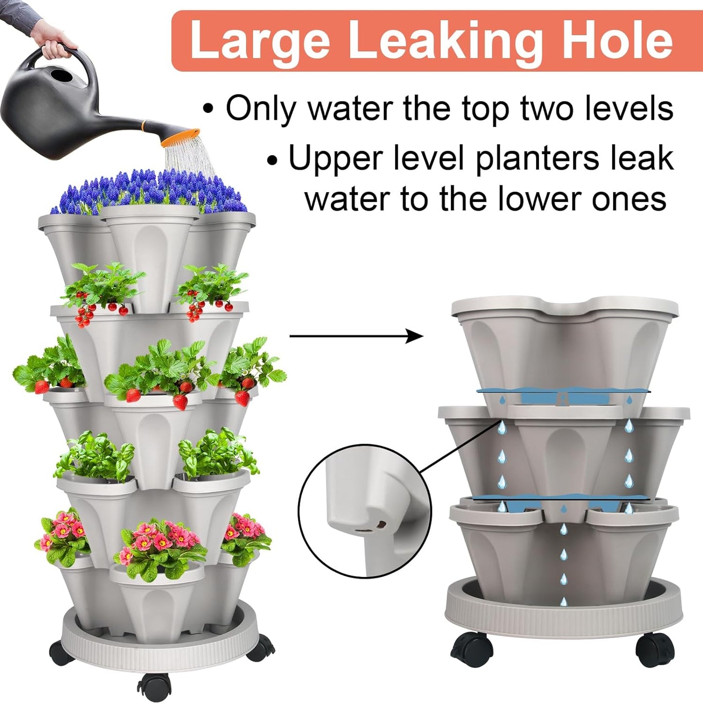 Strawberry Planter 5 Tier Stackable Planters - Vertical Garden Planting Tower Planters for Herb, Flower, and Vegetable Planter Indoor Outdoor Gardening Pots with Removable Wheels and Tools, Gray