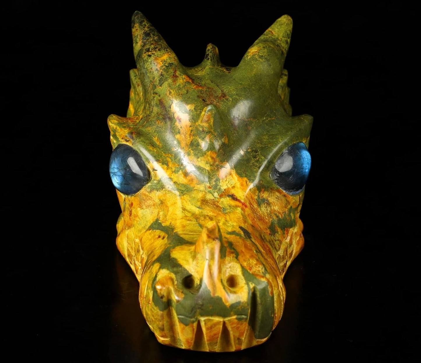 Skullis 5.1" Orpiment Crystal Dragon Skull with Labradorite Eyes, Hand Carved Gemstone Fine Art Sculpture, Reiki Healing Stone Statue.2136 Z8