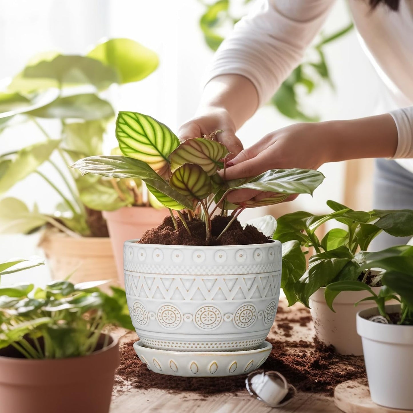 G EPGardening Ceramic Planters for Indoor Plants - 5 Inch Plant Pot for Outdoor Plants Succulent Planter with Drainage Hole and Saucer Flower Pot for Room Decor White