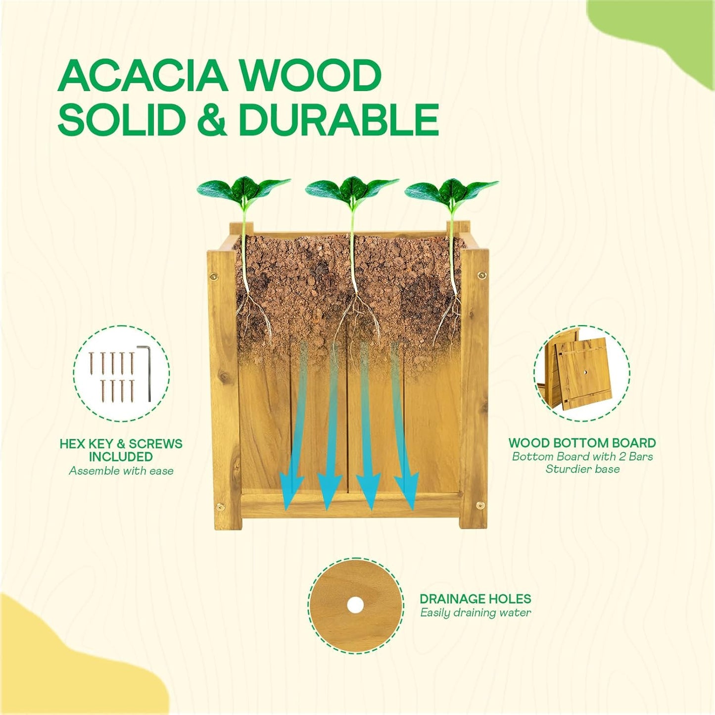 IDZO Acacia Wood Flower Planter Box for Outdoor Plants, 1pc Wooden Raised Garden Bed with Handles, Drainage Holes, Ideal for Garden and Home Décor, Golden Teak