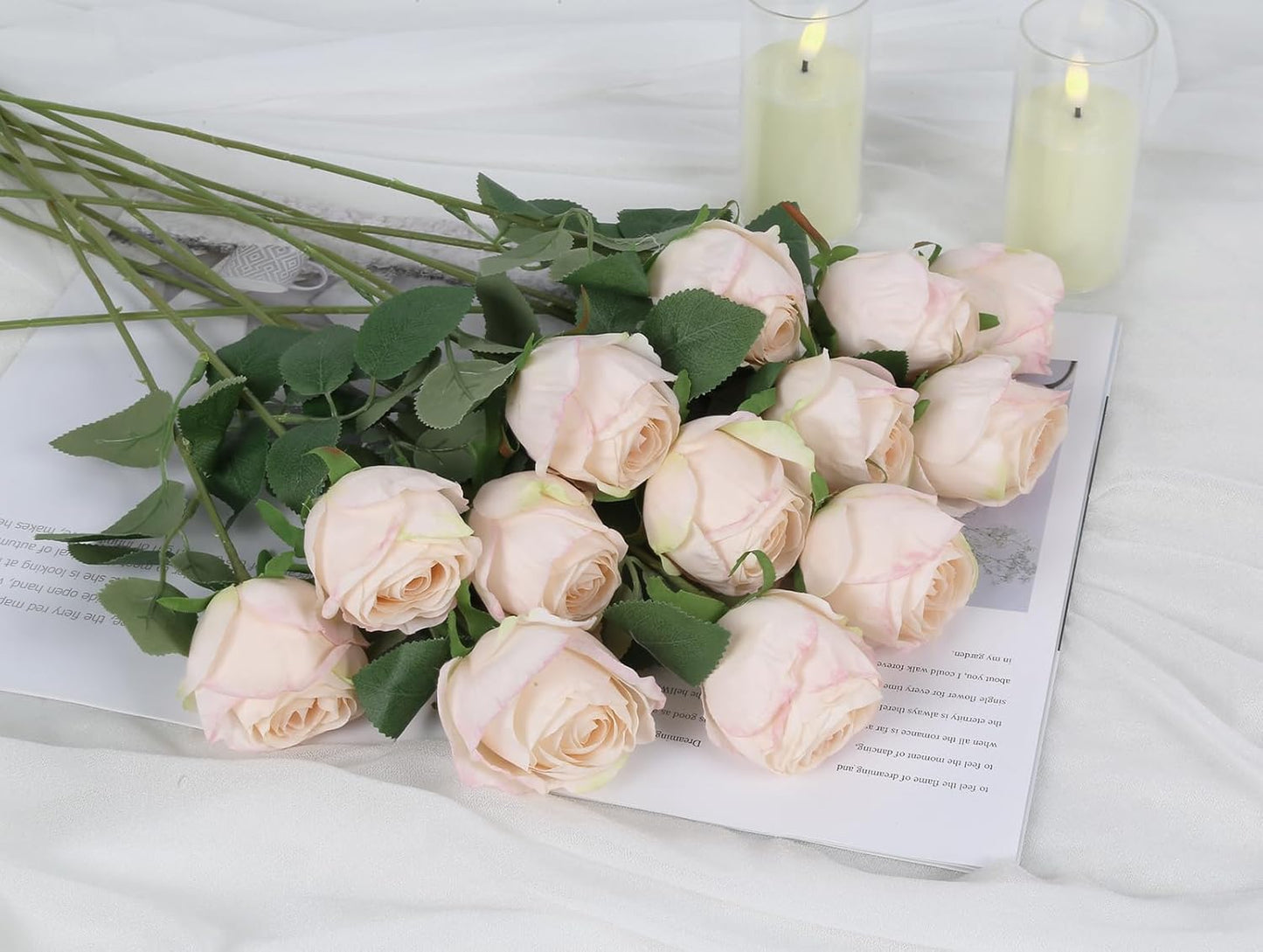 12pcs Pink Roses Artificial Flowers Vintage Burnt Edge Rose 20" Realistic Silk Roses Bouquet with Long Stem for Wedding Party Floral Centerpieces Decoration (Pink)