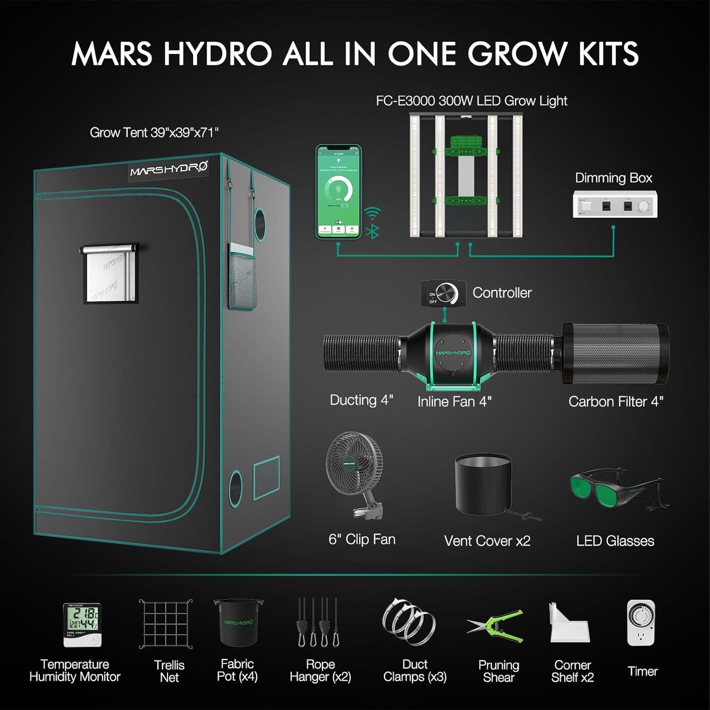 Mars Hydro 3x3 Smart Grow Tent Kit Complete System,FC-E3000 APP Control Dimmable 1184Pcs LED Grow Light,1680D High Reflective Mylar,with Smart WiFi Control Ventilation System,10 Speed Clip Fan