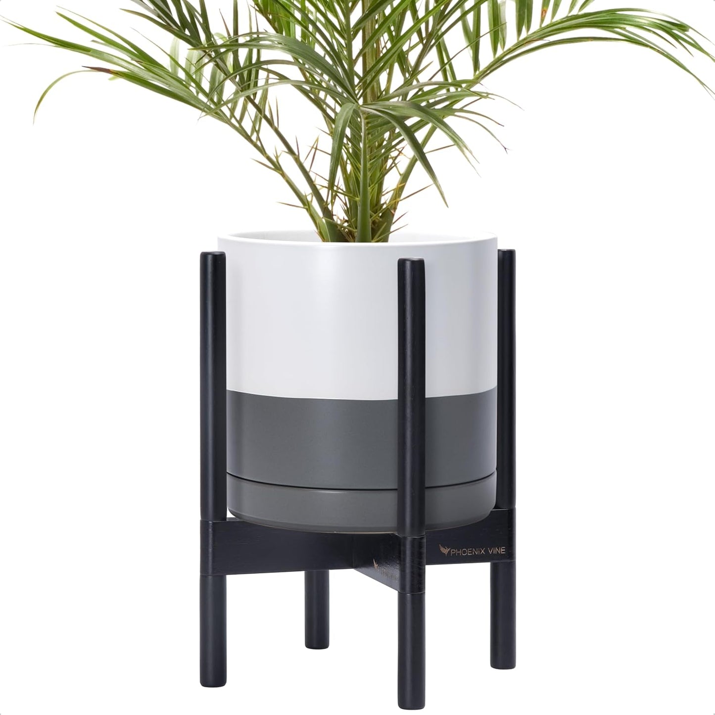 D'vine Dev Ceramic Planter with Ebony Stand - 10 Inch Modern Round Flower Pot with Wood Planter Holder, White/Grey, 55-B-L-6