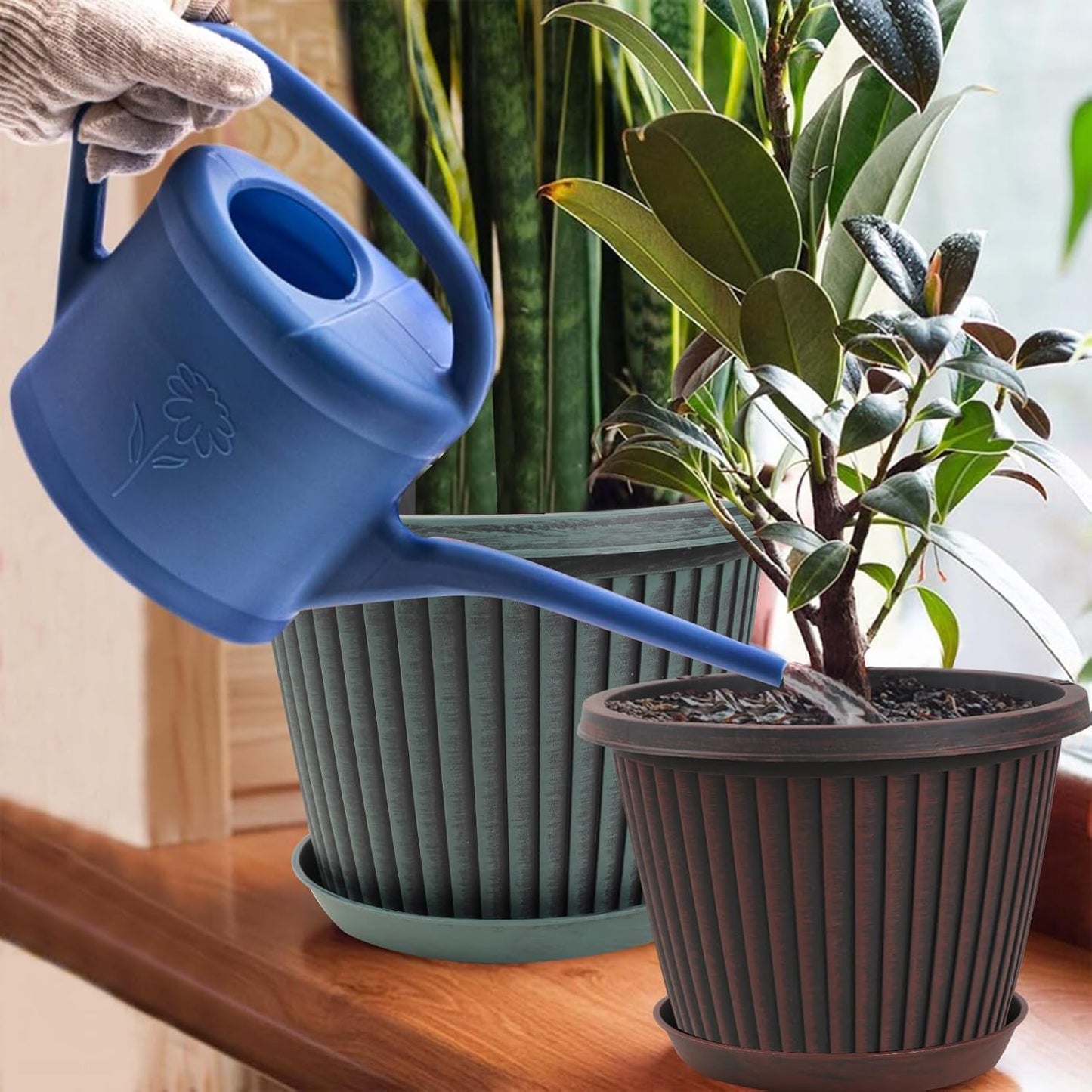 Large-Planter-Indoor-Outdoor Plant Pots, 12 inch 4 Pack Plastic Flower Pots with Saucer And Drainage Holes, Modern Garden Planters For Planting Medium Large Plants， Decorative Resin Garden Pots