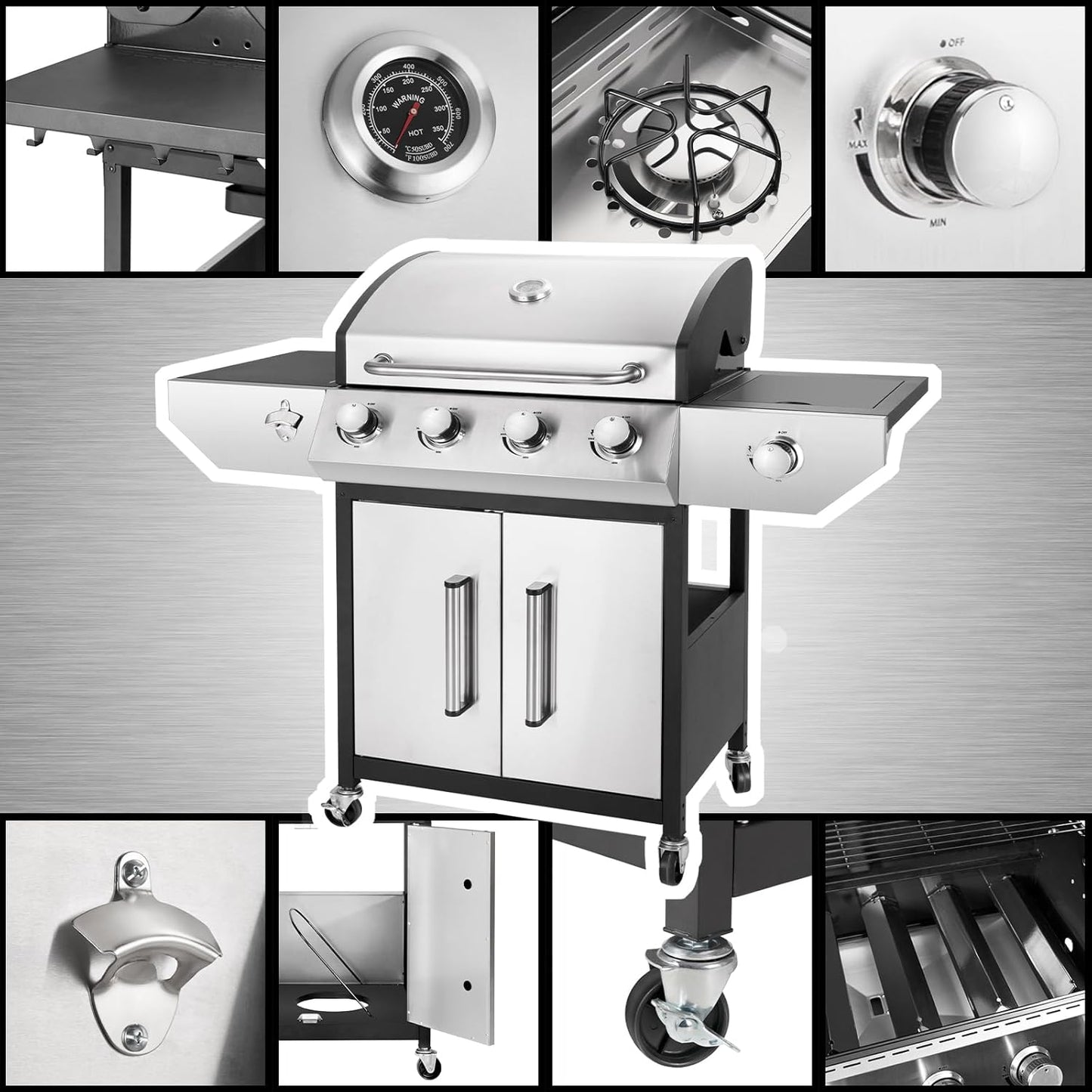 4-Burner Propane Gas BBQ Grill with Side Burner, Barbecue Gas Grill with Enameled Cast Iron Grates for Outdoor Patio Garden Barbecue, 53,000 BTU, Stainless Steel Grill Cover included