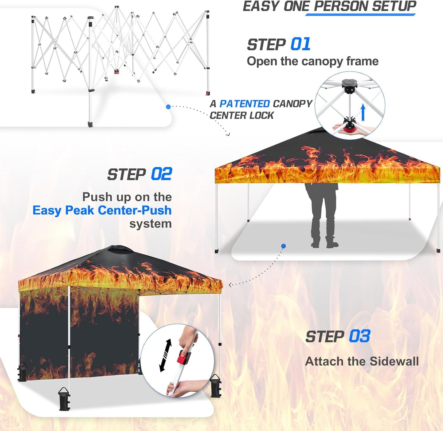 EAGLE PEAK Pop Up Canopy Tent with 1 Sidewall, Easy Setup Event Tent, Outdoor Sun Shade, Wheeled Carry Bag, Stakes and Guy Ropes, Instant Canopy 10x10, Flame