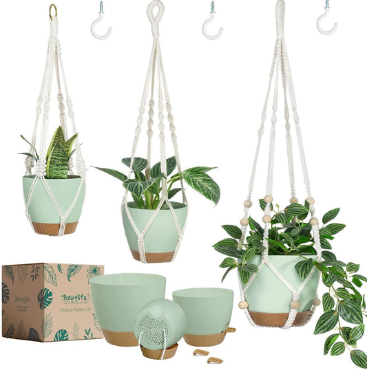 Self Watering Hanging Planters for Indoor Plants 3 Pack Macrame Plant Hangers with Drainage Holes Pots and Hooks for Home Garden Decor Green
