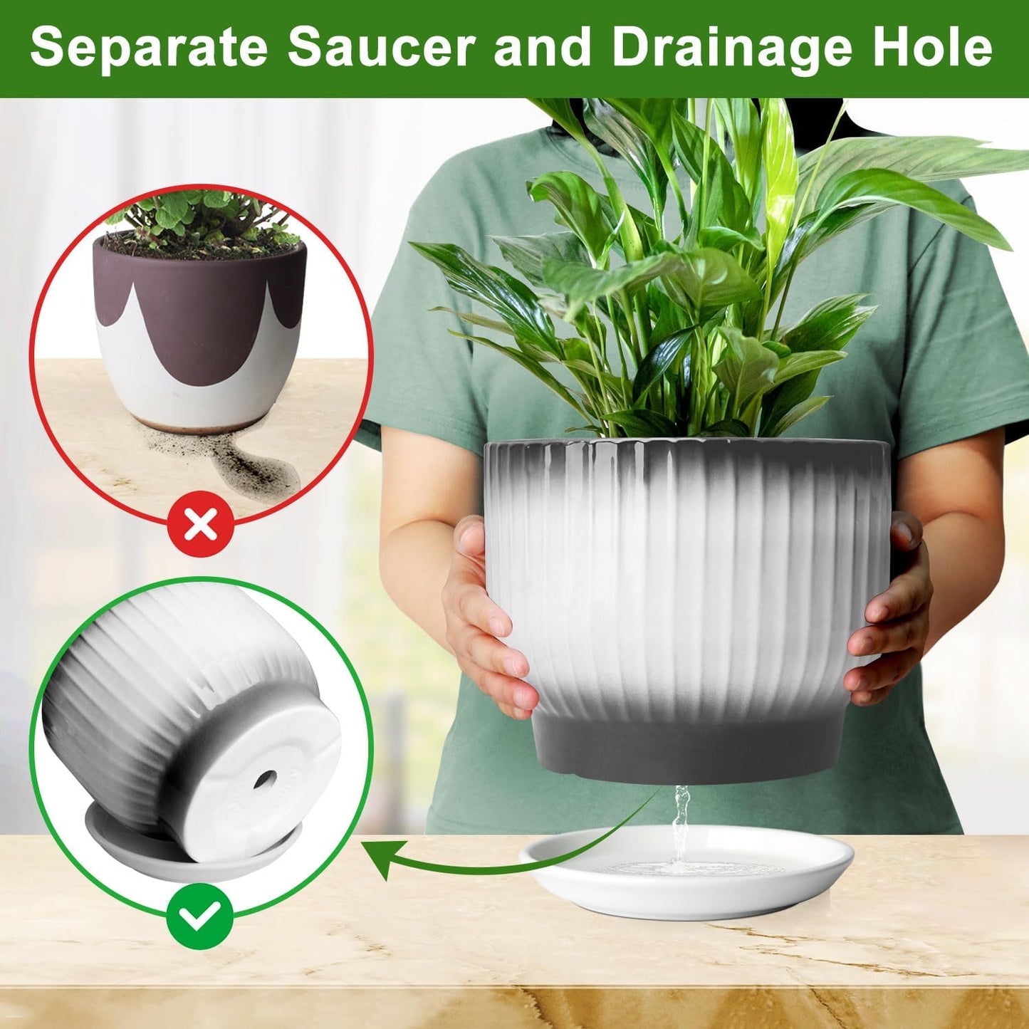 8 Inch Plant Pot, Ceramic Planter with Drainage and Saucer, Ceramic Pots for Plants, Indoor Plant pots,Ceramic Flower pots(Black + White, Plants NOT Included)