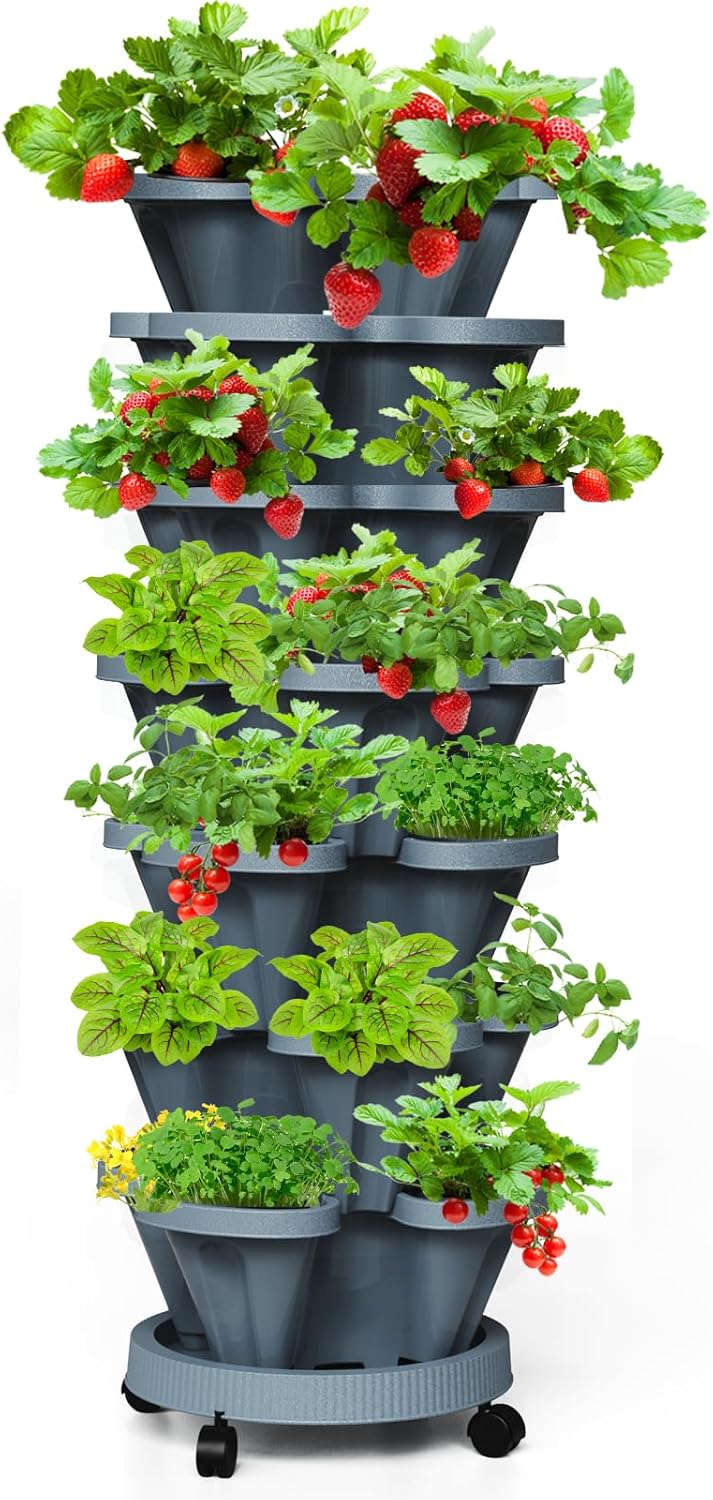 Strawberry Vertical Planter Tower Garden, 7 Tiered Stackable Planter Herb Garden Planter with Movable Casters and Bottom Saucer Indoor and Outdoor - Dark Grey