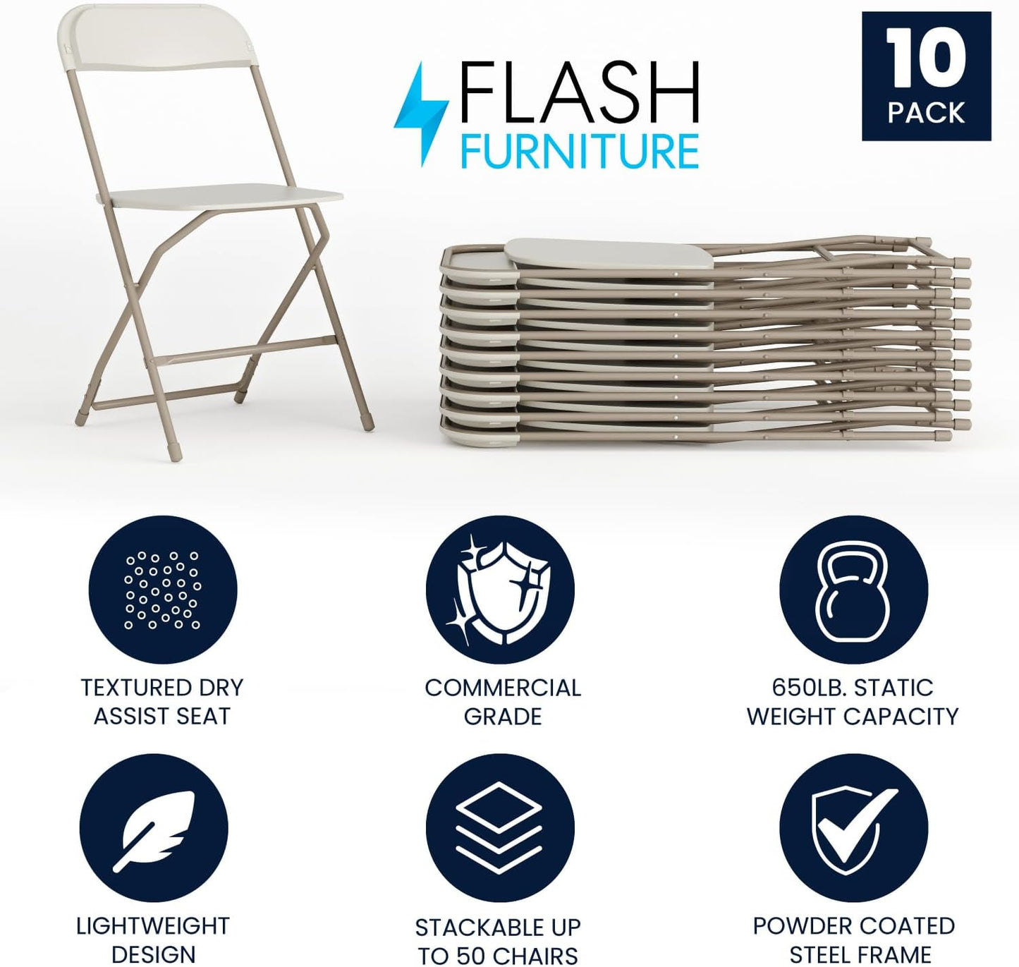 Flash Furniture Hercules Series Plastic Folding Chairs for Parties and Weddings, Stackable Commercial Event Seats, Set of 10, Beige