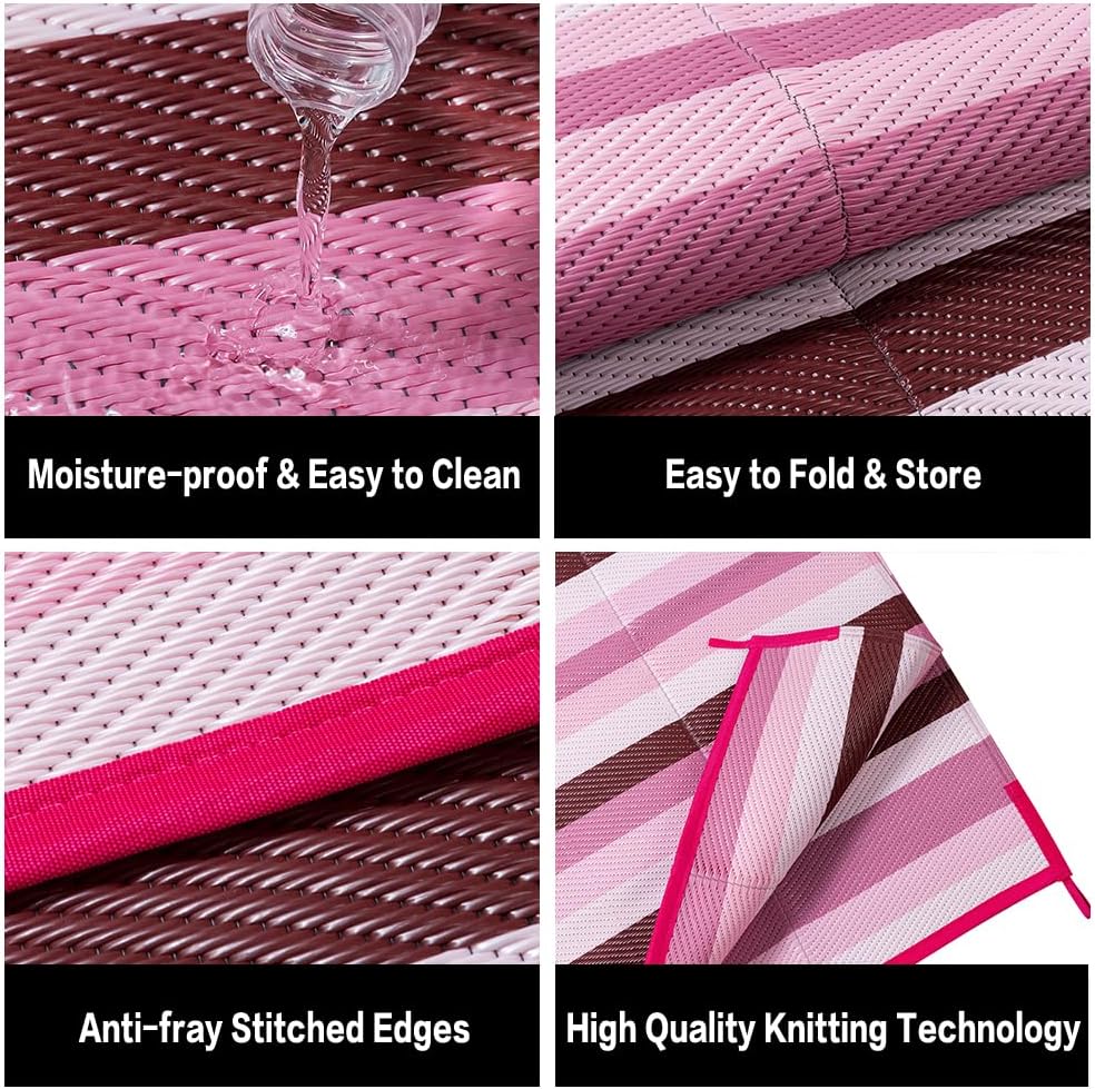 Outdoor Waterproof Rug 6'x9' Plastic Straw Rugs Washable Reversible Floor Mat Pink Stripe Carpet for Camping RV Deck Entryance Porch Picnic Balcony Beach Backyard