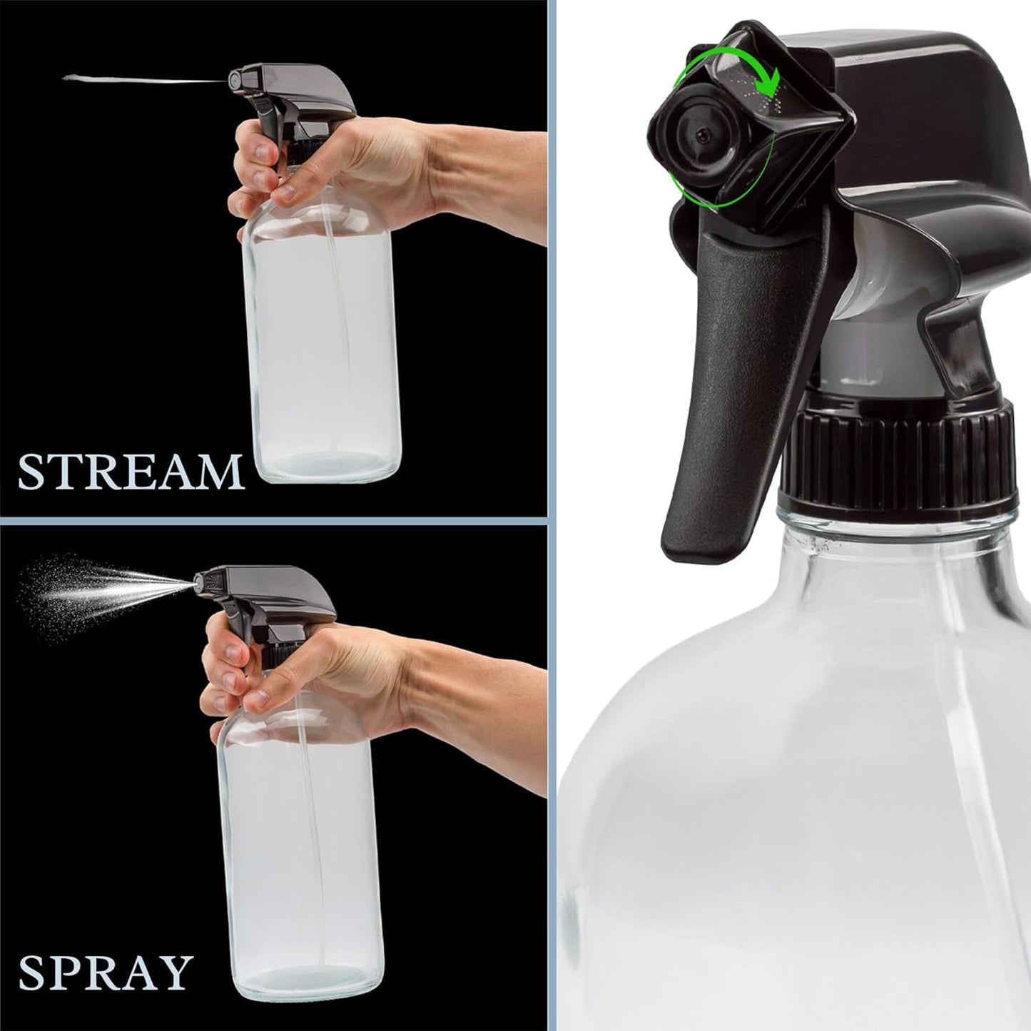 Cornucopia 32oz Glass Spray Bottles (2-Pack, Clear); Quart Bottles w/ 3-Setting Adjustable Trigger Sprayers; Includes Chalk Labels