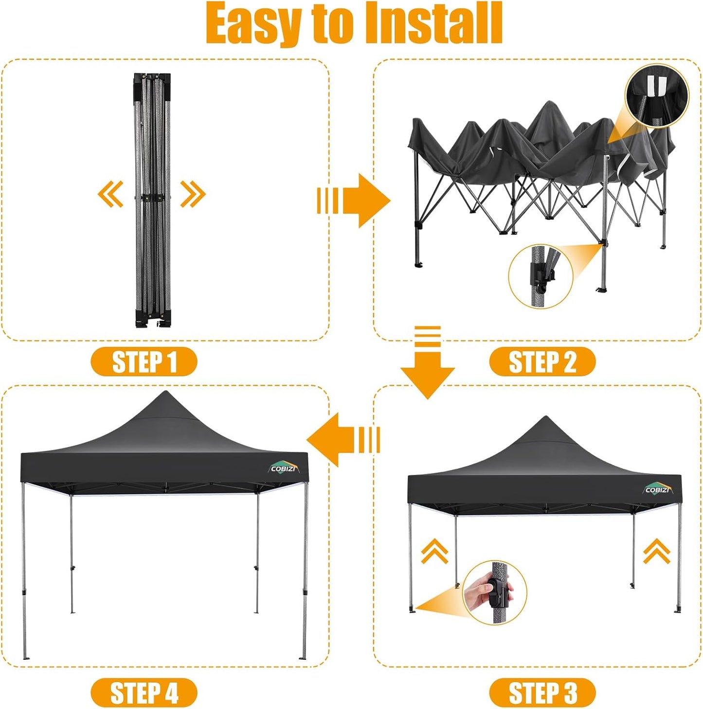 COBIZI 10x10 Pop Up Canopy Without Sidewall,Heavy Duty Canopy UPF 50+ All Season Wind Waterproof Commercial Outdoor Wedding Party Tents for Parties Canopy Gazebo with Carry Bag(10 x 10 ft Black)