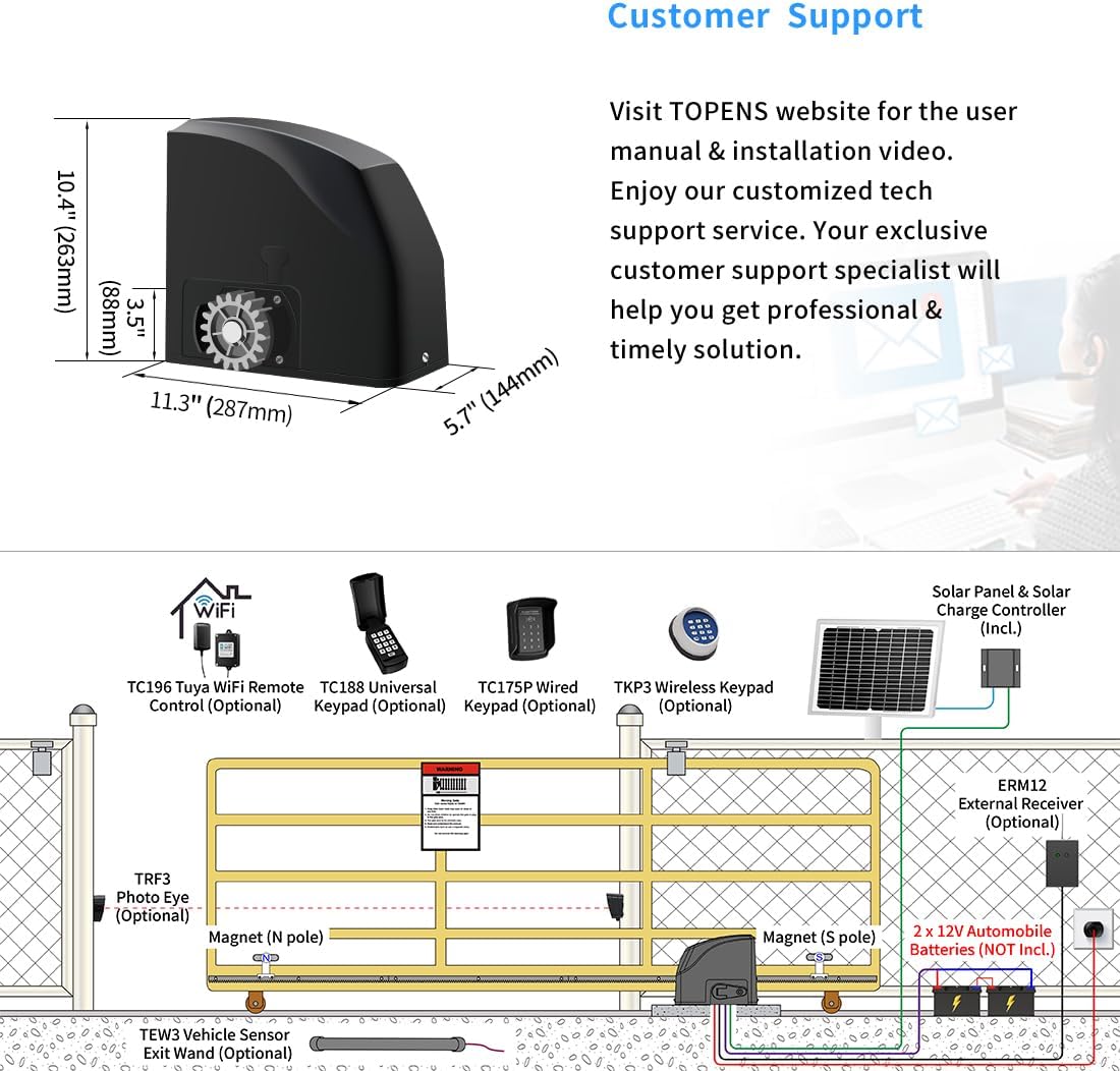 TOPENS DKR500ST Solar Sliding Gate Opener Rack Drive Automatic Gate Motor for Heavy Driveway Slide Gates Up to 1300 Pounds, Electric Gate Operator Battery Powered with Solar Panel Remote Control Kit