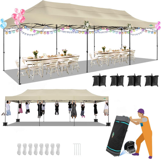 COBIZI 10x30 Pop up Canopy, Heavy Duty Outdoor Party Tents for Parties, Ez up UPF 50+ Waterproof Commercial Canopy with Wheeled Bag can fold, Khaki(Windproof Upgraded)