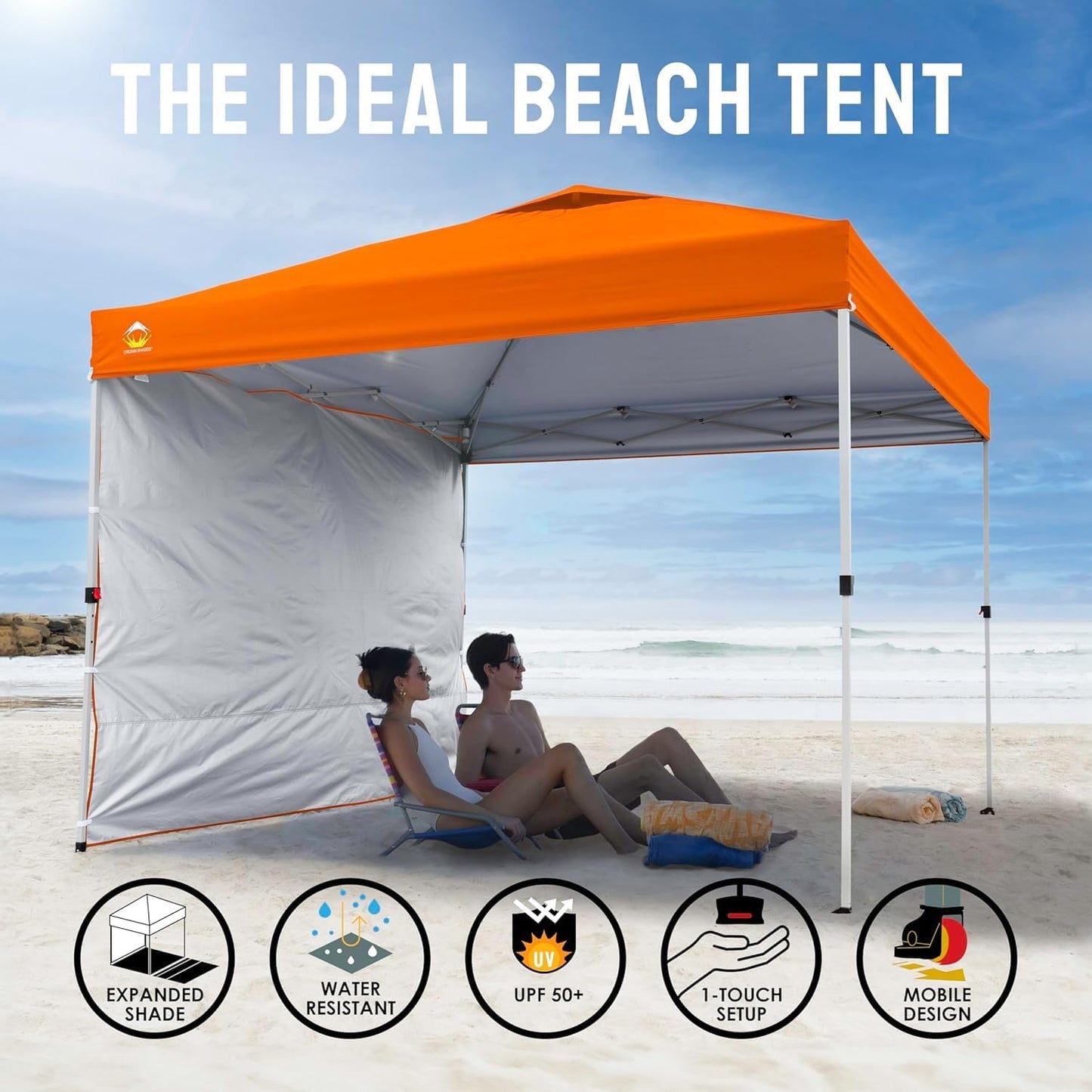 CROWN SHADES 10x10 Pop Up Canopy with 1 Side Wall - Beach Tent with One Push Setup - Outdoor Sun Shade for Events, Parties, Camping - Gazebo with STO-N-Go Cover Bag (Orange)