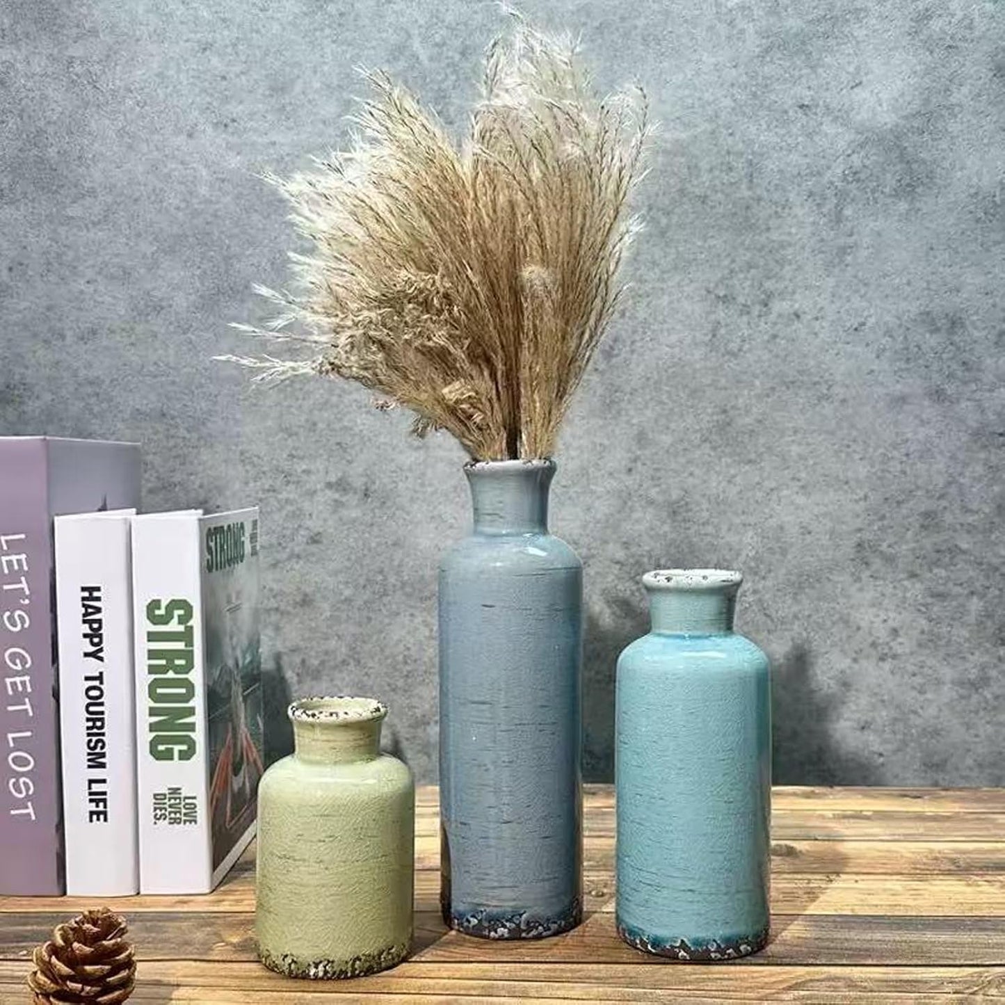 Ceramic Vase Set of 3,Small Rustic Vintage Decorative Vase for Home Decor,Modern Farmhouse Vases for Living Room,Table Shelf,Centerpieces,Fireplace and Entrance Decorative-Multicolor