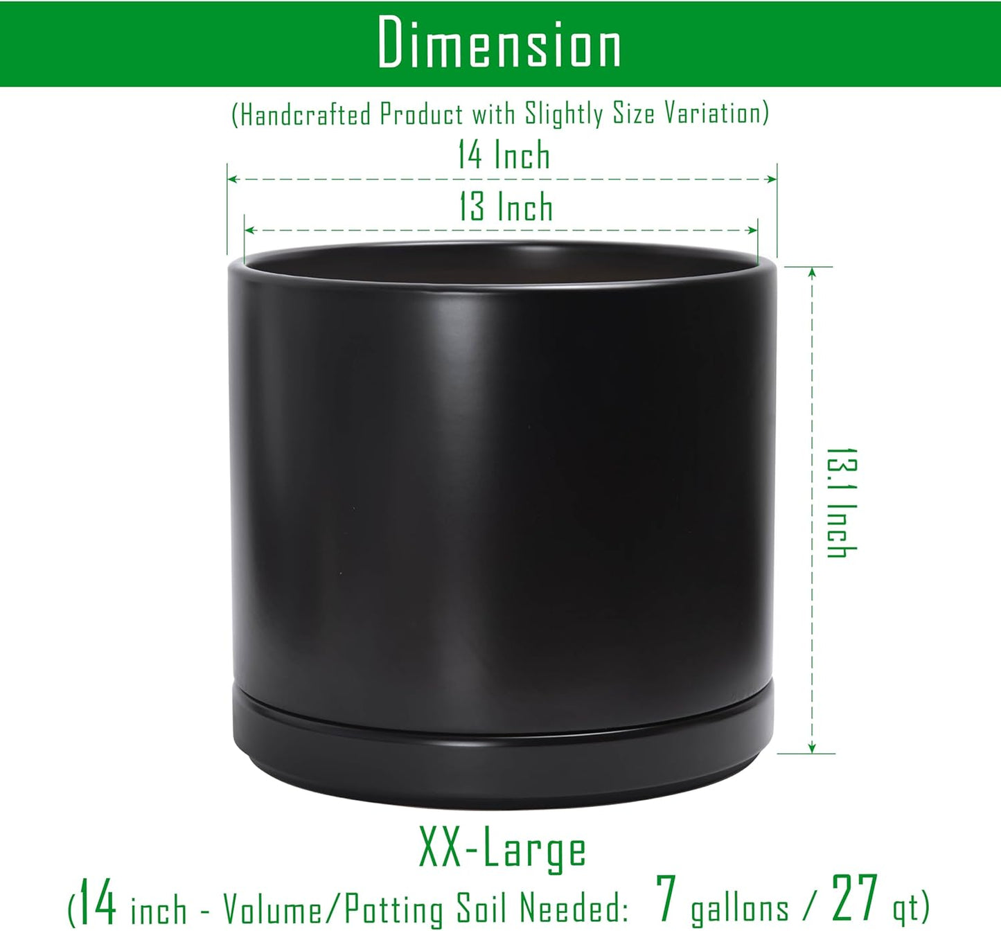 D'vine Dev 14 Inch Ceramic Planter Pot with Drainage Hole and Saucer, Indoor Cylinder Round Planter Pot, Black, 94-O-G-2