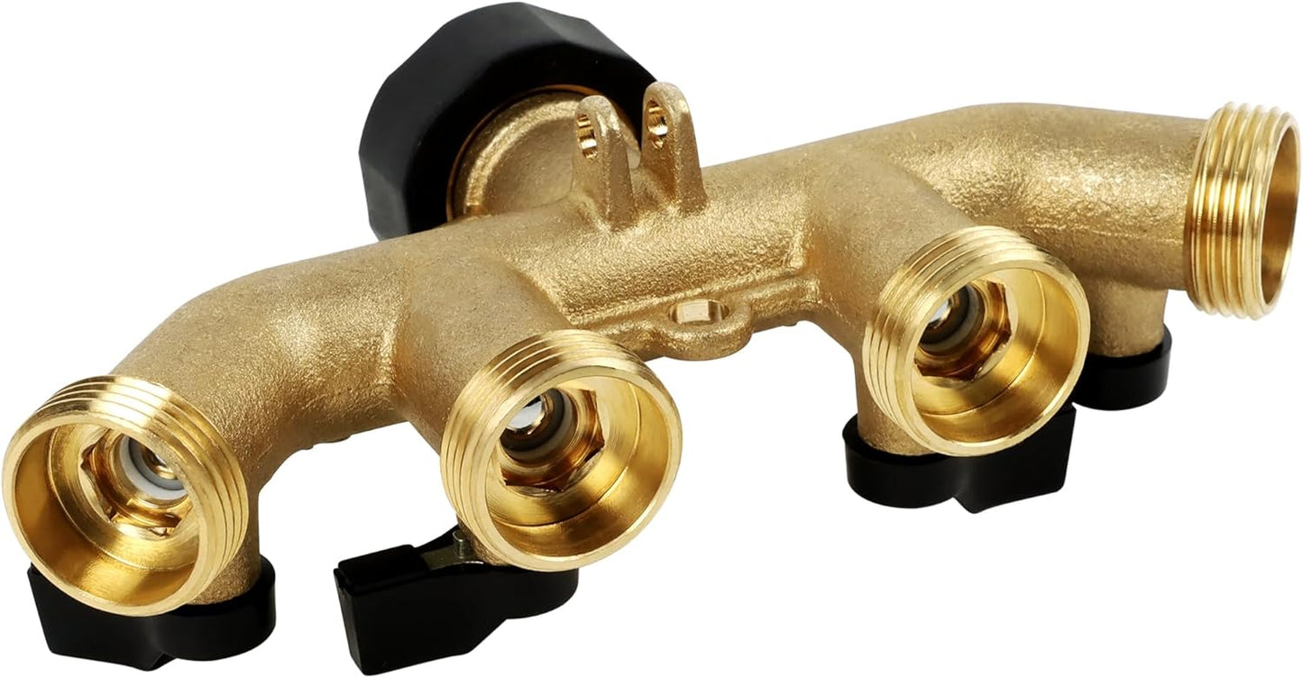 4 Way Brass Hose Splitter, 3/4" Brass Hose Faucet Manifold, Garden Hose Adapter Connector