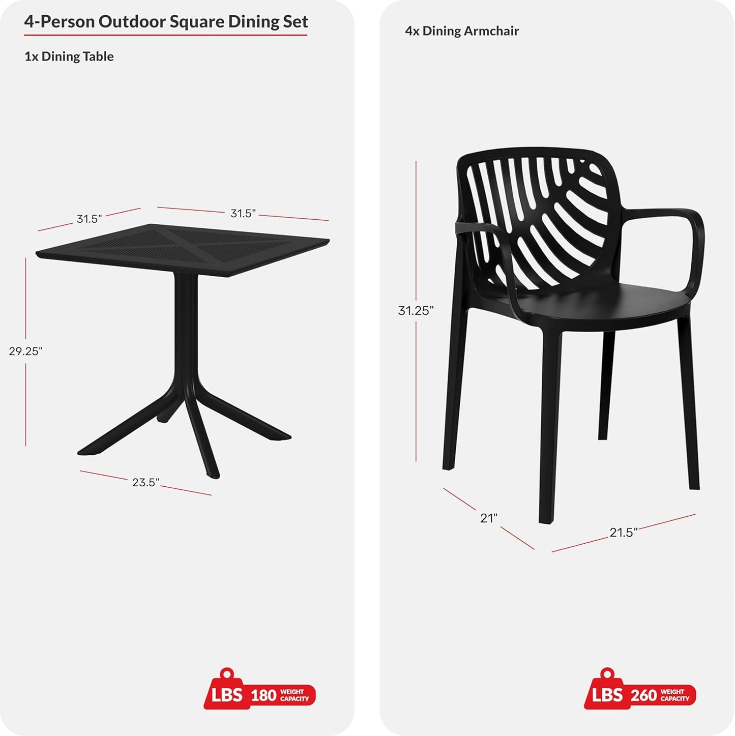 Breakfast Table Set for 4, HDPE Patio Square Dining Table and Stackable Chairs, Outdoor Small Patio Furniture Set All Weather for Backyard Porch Poolside, White