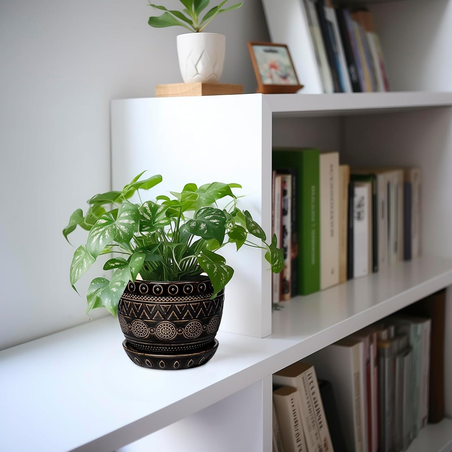 G EPGardening 5.5 Inch Ceramic Planter - Ceramic Plant Pot for Indoor Outdoor Plants, Boho Round Flower Pot with Drainage Hole and Saucer, Gifts for Plant Lovers, Office Garden Home Decor, Black