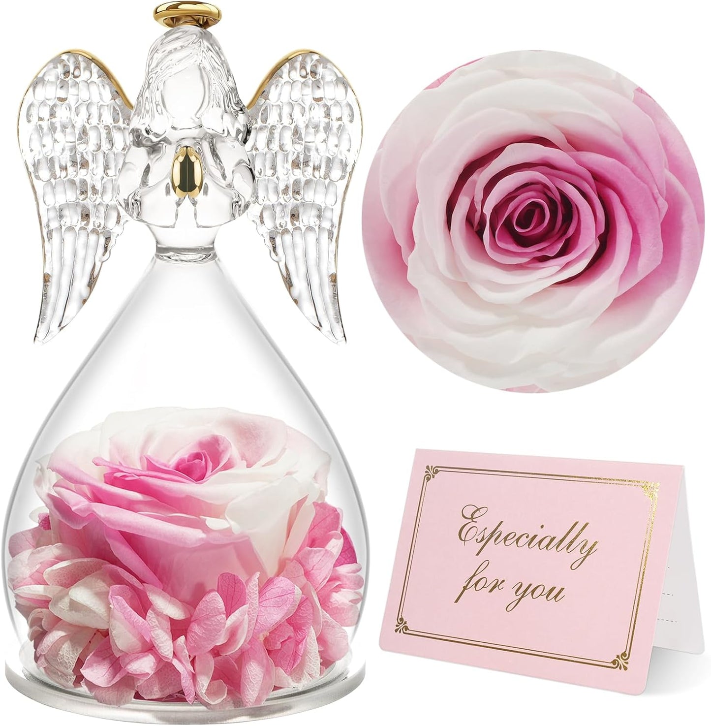 Yamonic Birthday Gifts for Women, Angel Figurines with Real Rose Gifts for Her Mom Grandma,Preserved Flowers Rose Gifts for Christmas Anniversary Birthday Gifts for Her (White+Pink)