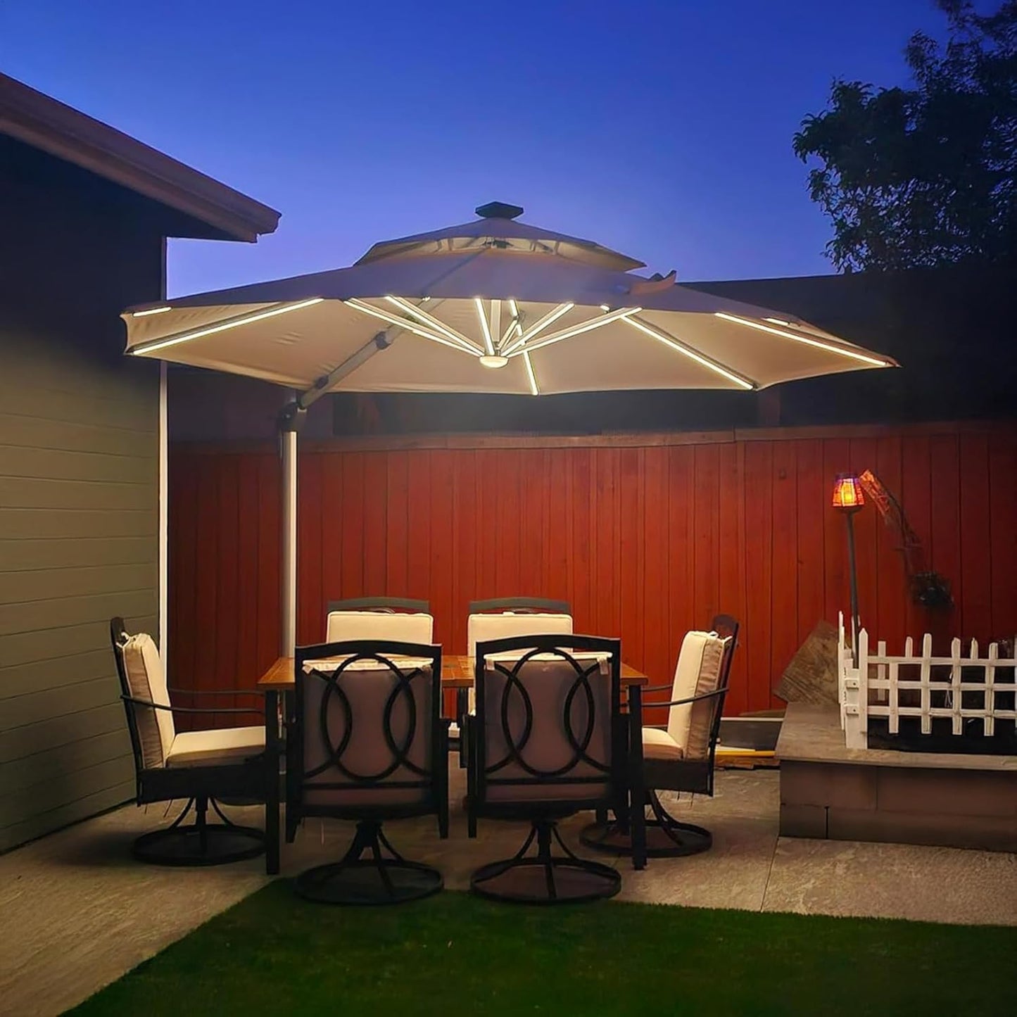 PURPLE LEAF 10ft Solar powered LED Patio Umbrella Outdoor Round Umbrellas Large Cantilever Umbrella with LED lights Windproof Offset Umbrellas Heavy Duty for Garden Deck Pool Patio, Beige