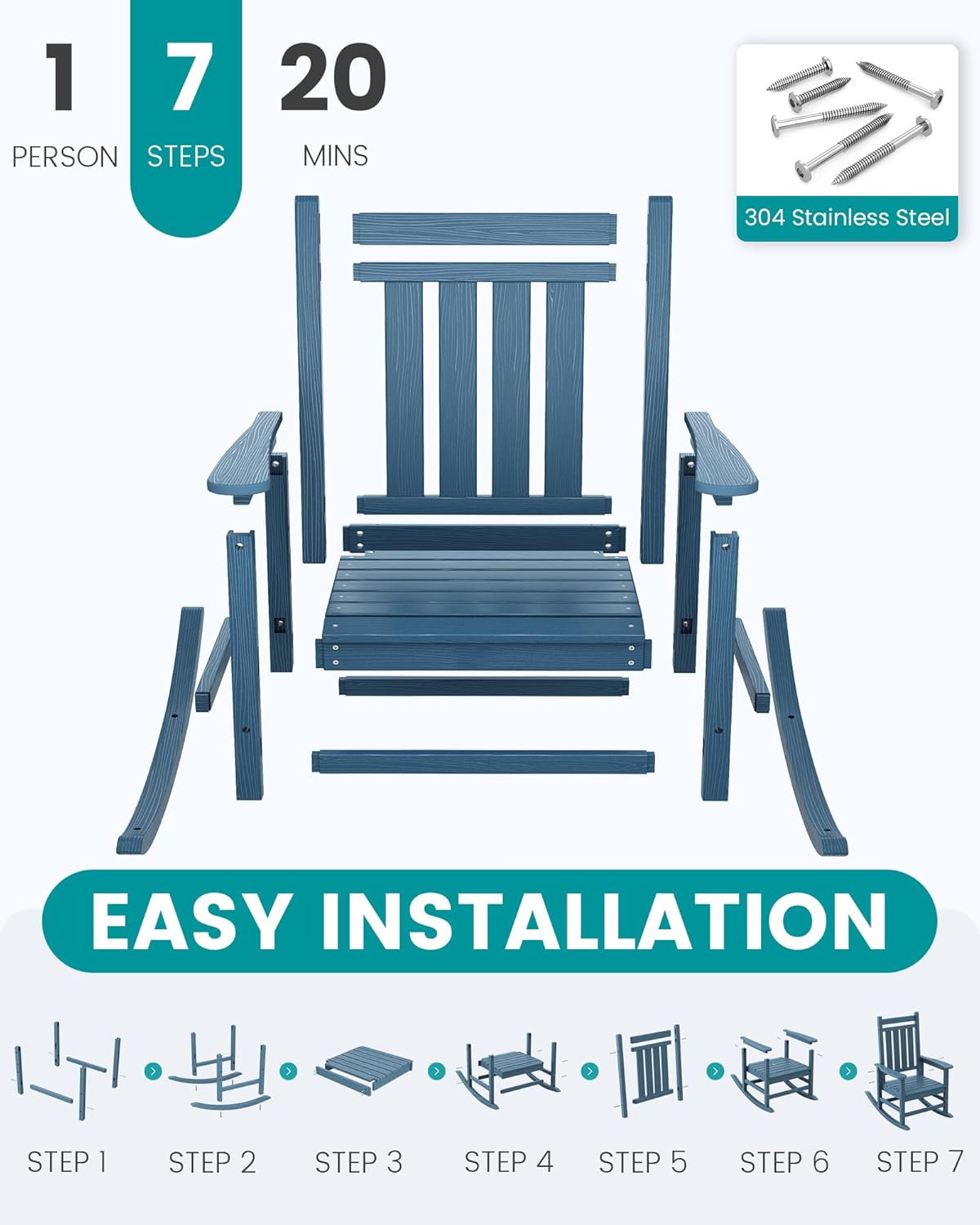 SERWALL Oversized Outdoor Rocking Chair Set of 2, HDPE Rocker for Adults, Patio Rocking Chairs for Porch, Blue