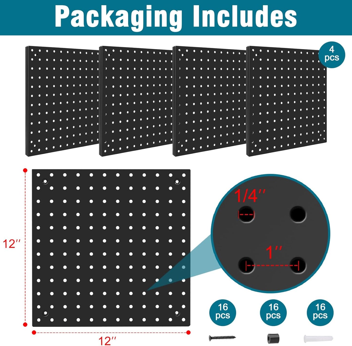 Peg Board,Steel Organization Panels, Ideal for Garage Tool Storage, Office Organization, Craft Room, Kitchen,Pack of 4 (Black, 4-12X12)