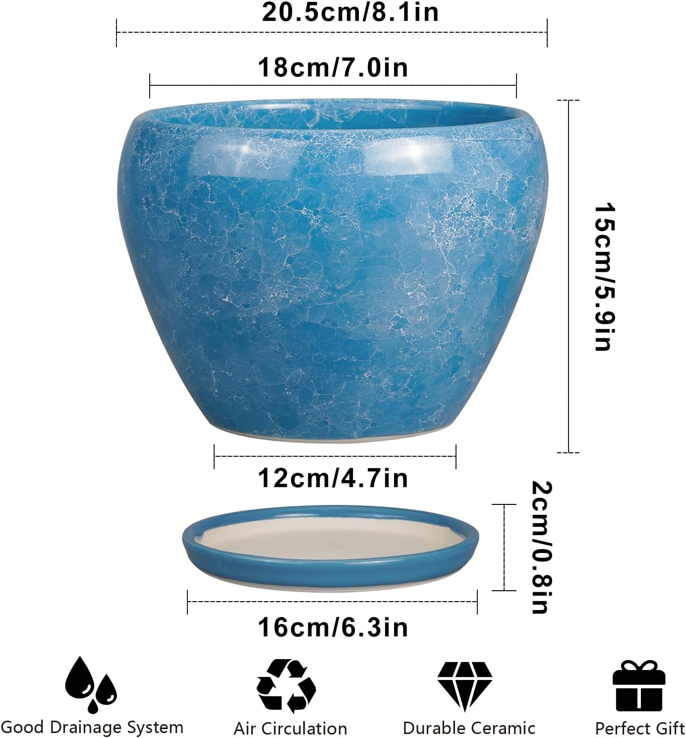 Ceramic Planter - 8 Inch Plant Pot with Drainage Hole and Saucer, Glaze Round Flower Pot for Home Garden Patio Office, Blue