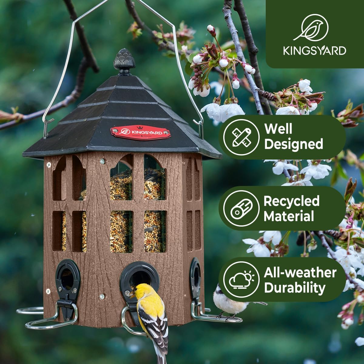 Kingsyard Wild Bird Feeder for Outdoor Hanging, Recycled Plastic Bird Feeders with 6 Ports & U-Shape Perch, Garden Yard Outside Decoration, 3.5 lbs Seed Capacity, Brown