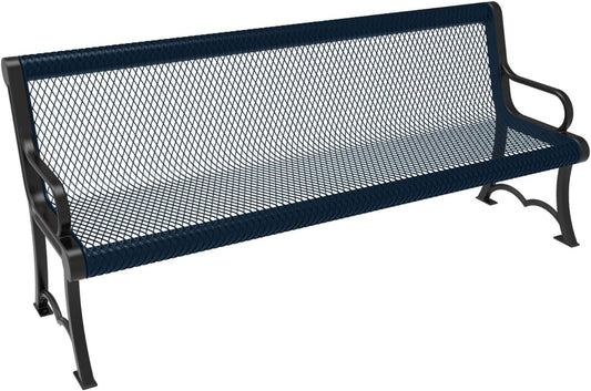 Coated Outdoor Furniture Heavy-Duty Outdoor Bench Thermoplastic Coated, Expanded Metal, Commercial-Grade Garden Bench, Made in America (Portable with Back, 6 Ft, Dark Blue)