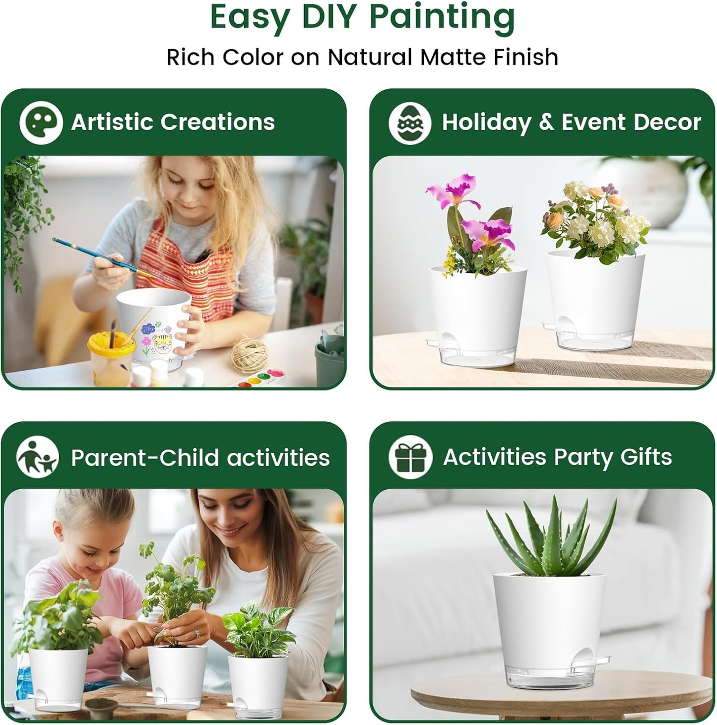 6 inch Self Watering Pots for Indoor Outdoor Plants, 3 Pack Flower Plant Pots with Drainage Holes and Clear Reservoirs, Visible Water Level, Plastic Planters with Wicking Rope, White