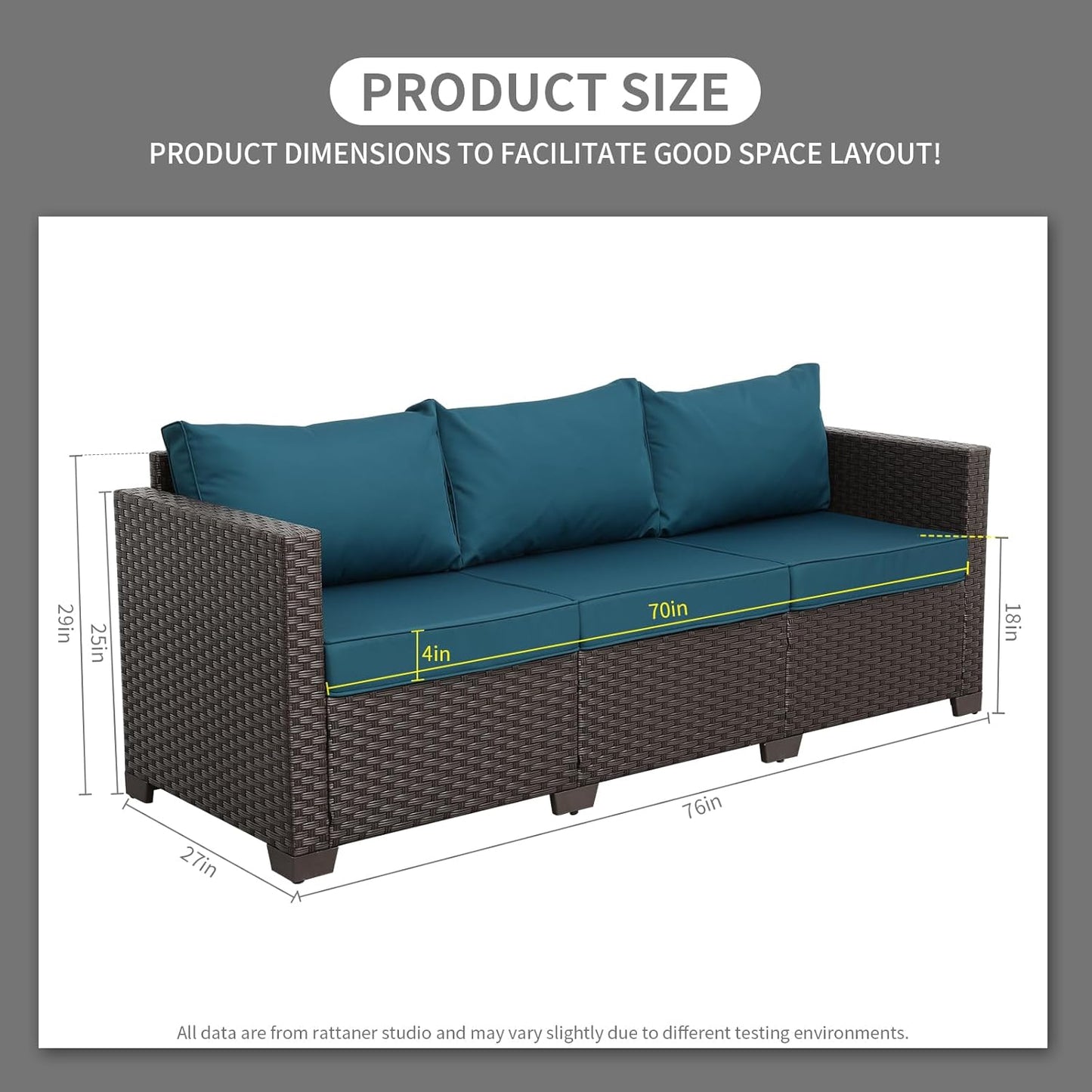 Rattaner Outdoor Furniture Wicker Outdoor Couch Patio Furniture 3-seat Sofa Deep Seat Hight Backrest Waterproof Cover Anti-Slip Cushions, Peacock Blue