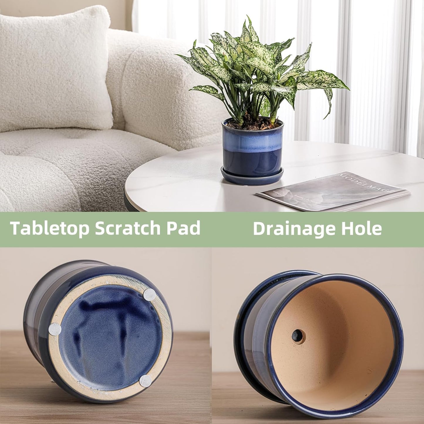5.8 Inch Plant Pot: Ceramic Planter with Drainage Hole & Saucer for Indoor Outdoor Plants - Flowerpot with Bonded Tray for Home Office - Blue Reactive Glaze