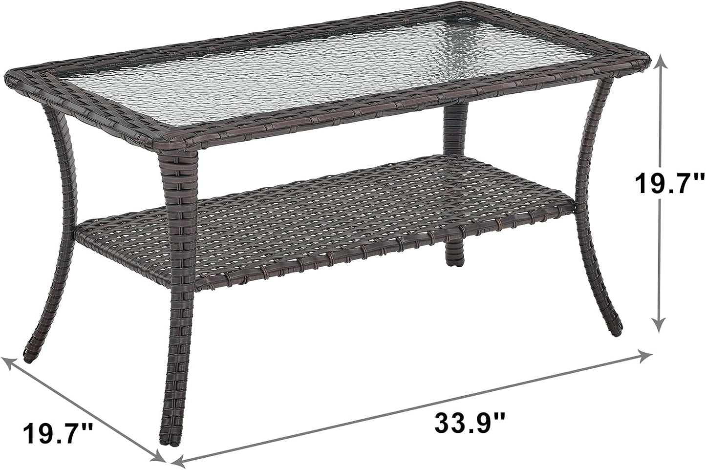 Patio Tables Outdoor Coffee Table - Wicker Rattan Coffee Tables with 2-Tier Storage Shelf Glass Top for Outside Proch Deck Balcony Garden Rectangle Brown