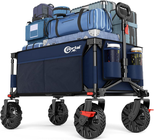 PORTAL Collapsible Wagon with Brakes, Heavy Duty Utility Cart with All-Terrain Wheels, Portable Folding Wagons for Camping, Beach, Garden, Shopping, and Groceries