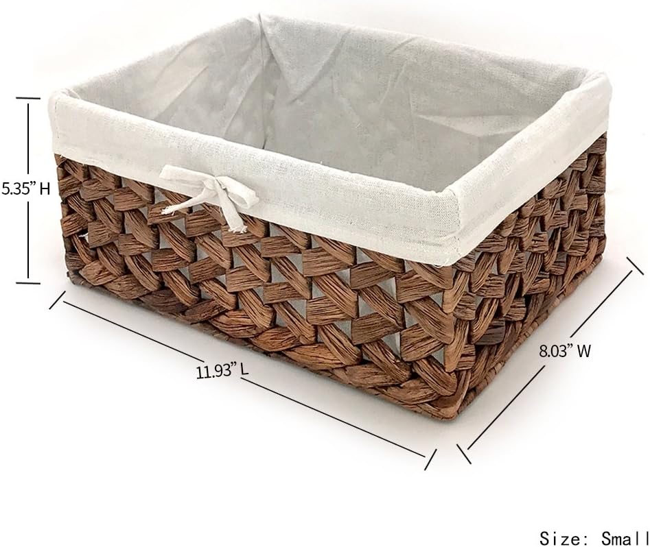 Rectangular Woven Seagrass Storage Bins with Handle,Kingwillow. (water hyacinth, Small)