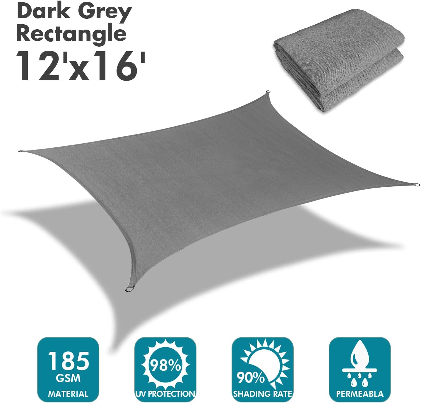 KANAGAWA Sun Shade Sail 12'x16' Dark Gray Rectangle UV Block Canopy Awning Shelter Fabric Cloth Screen for Outdoor Patio Garden Backyard Activities