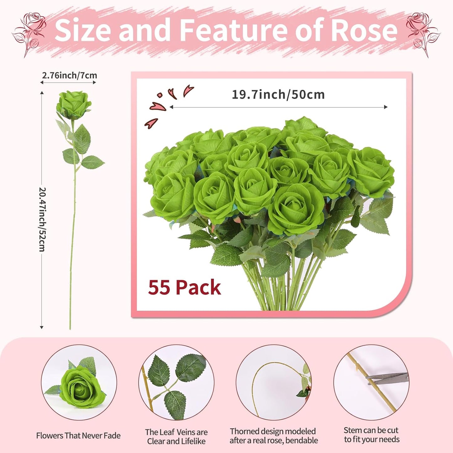 55 PCS Fake Roses Artificial Flowers Bulk, Green Roses Bridal Bouquet Silk Faux Rose with Stems for Wedding Flowers Decoration, Valentine's Day, Bridal Bouquet, Anniversary,Home Decor (55PCS, Green)