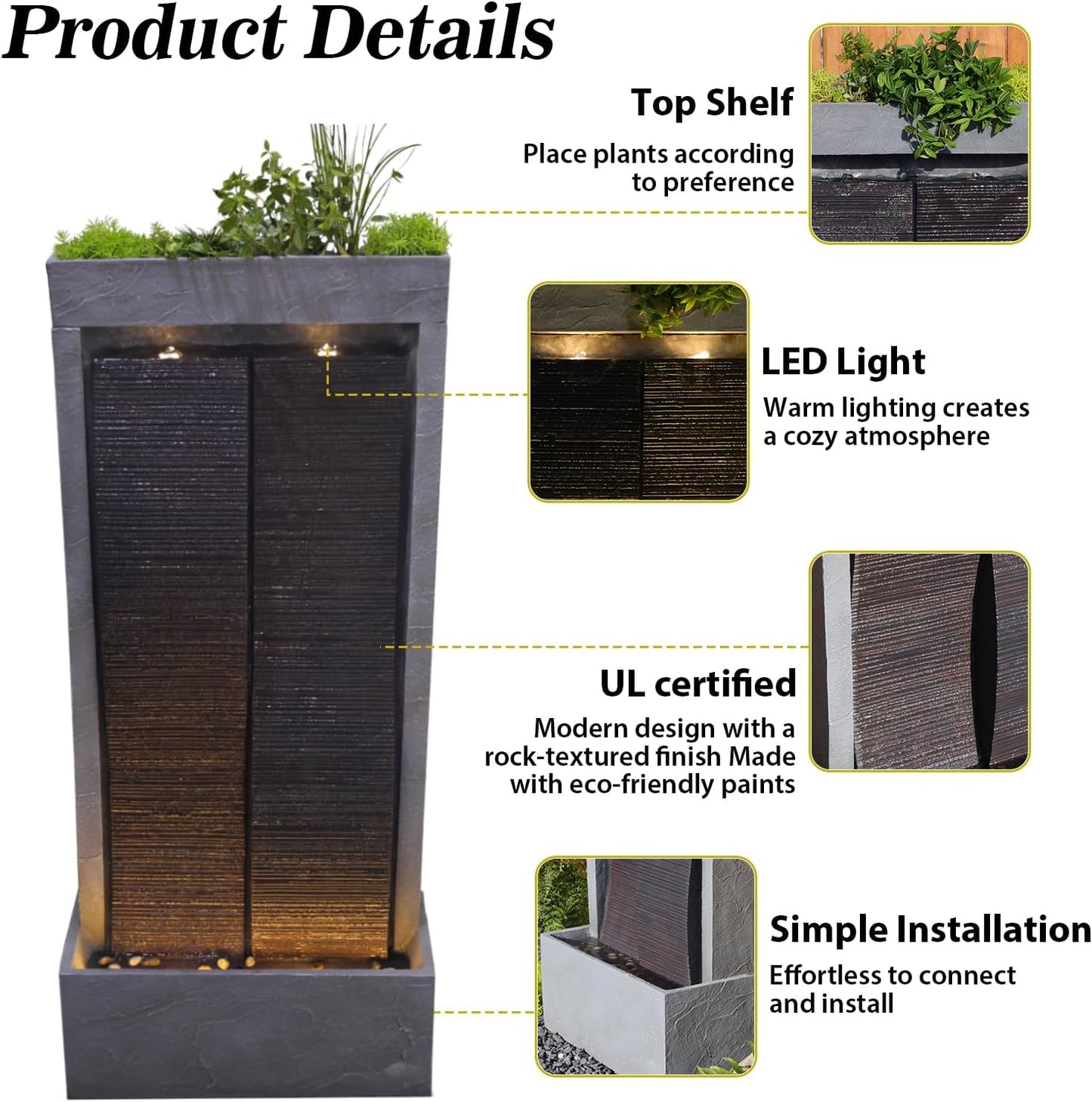 59" H Waterfall Fountain Large Outdoor Water Fountain Indoor for Garden, Patio, Backyard, Deck, Porch with LED Lights,Faux Slate Contemporary Water Fall