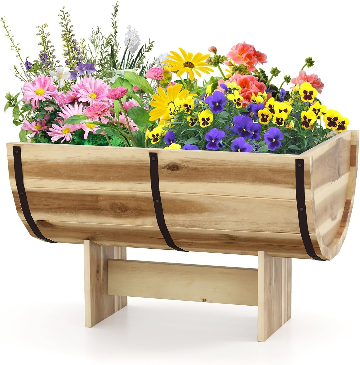 HAPPYGRILL Wooden Plant Pots, Solid Acacia Wood Half-Barrel Planting Flower Pot w/Legs, Drainage for Flower Vegetable Fruit, Outdoor Elevated Garden Bed, Decorative Planters for Indoor Plants (1)