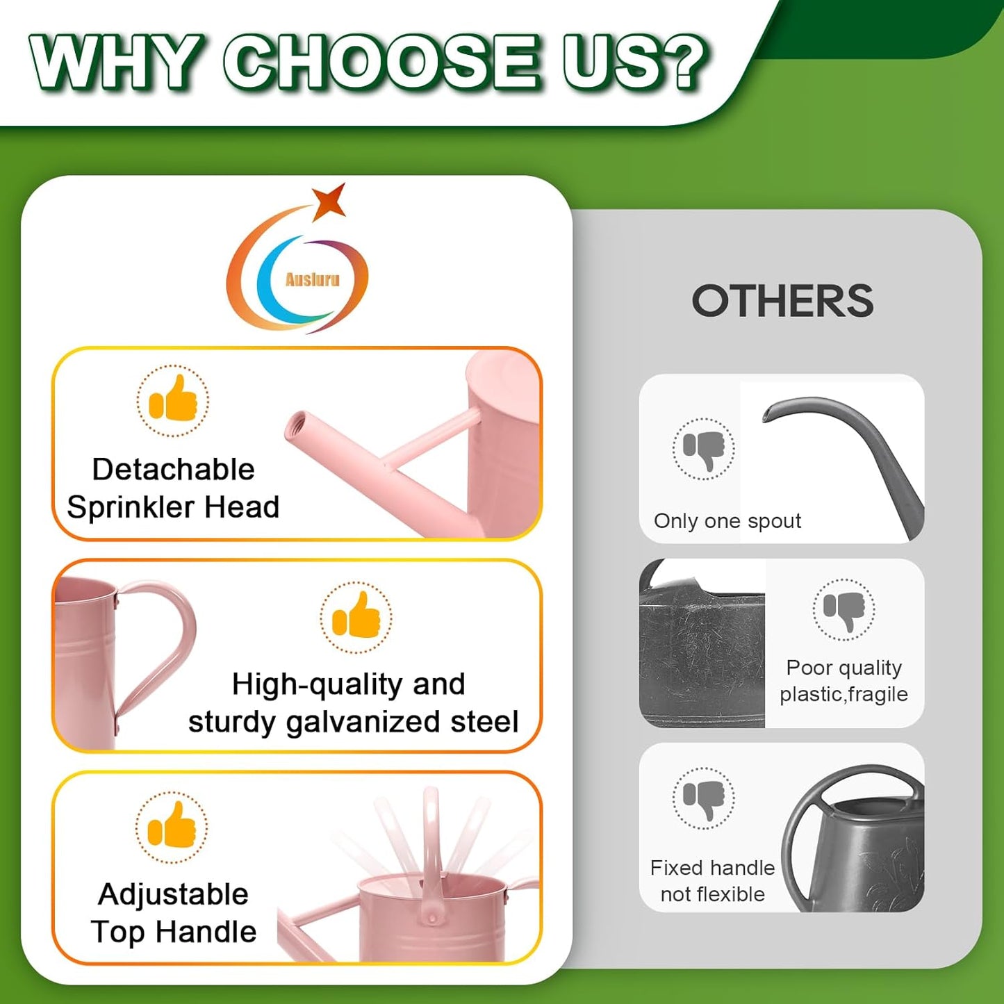 Metal Watering Can with Removable Spout, Galvanized Watering Can, Perfect for Indoor Use and for Outdoor Use (1 Gallaon, Pink)