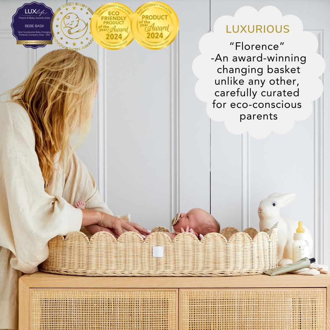 Bebe Bask Premium Baby Changing Basket - Artisan-Crafted Scalloped Rattan - Changing Basket for Baby Dresser - All Accessories Included - Complete Set for Nursery (Natural)