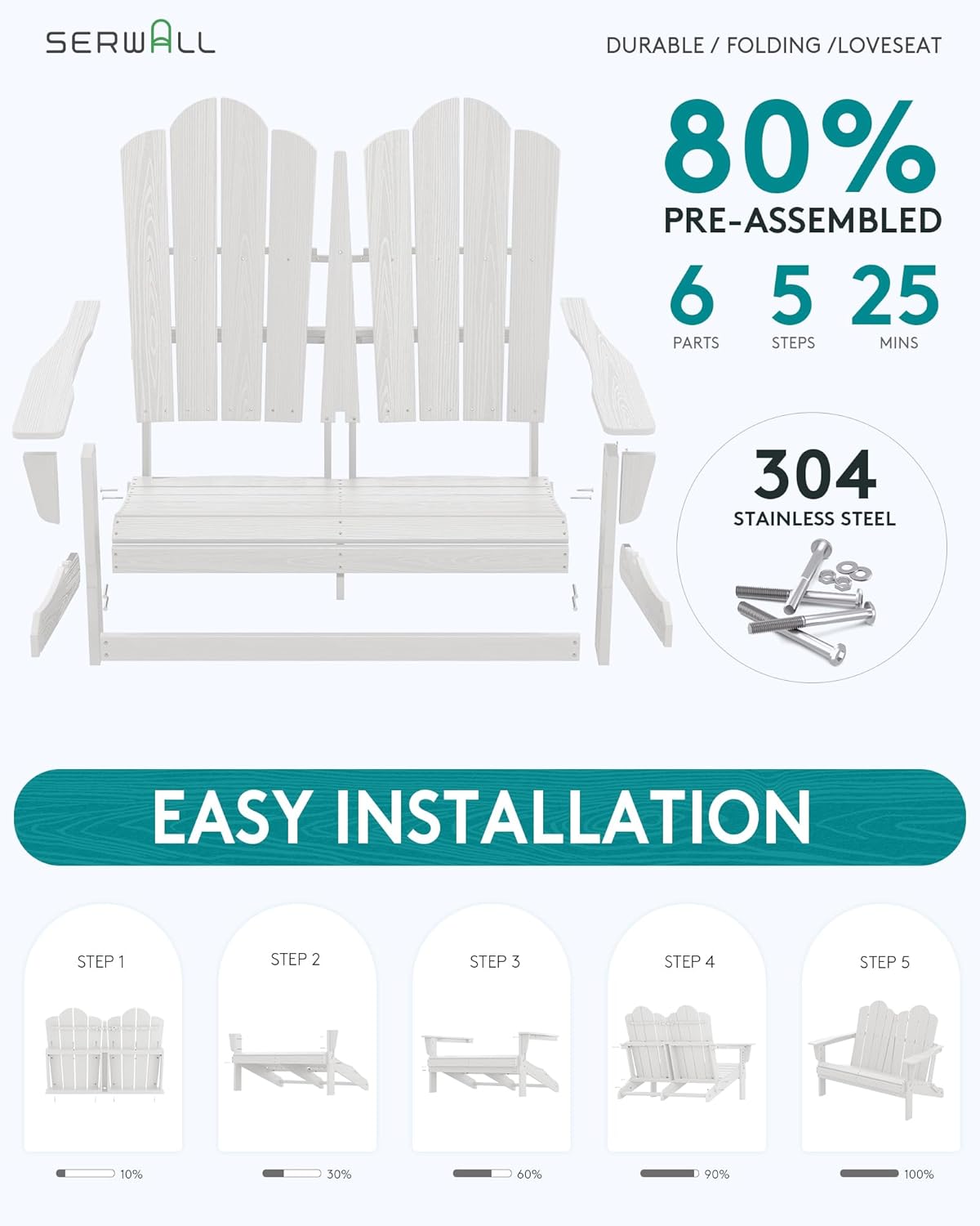 SERWALL Folding Adirondack Bench Set of 2, HDPE All-Weather Adirondack Loveseat, Folding Outdoor Bench, Whire