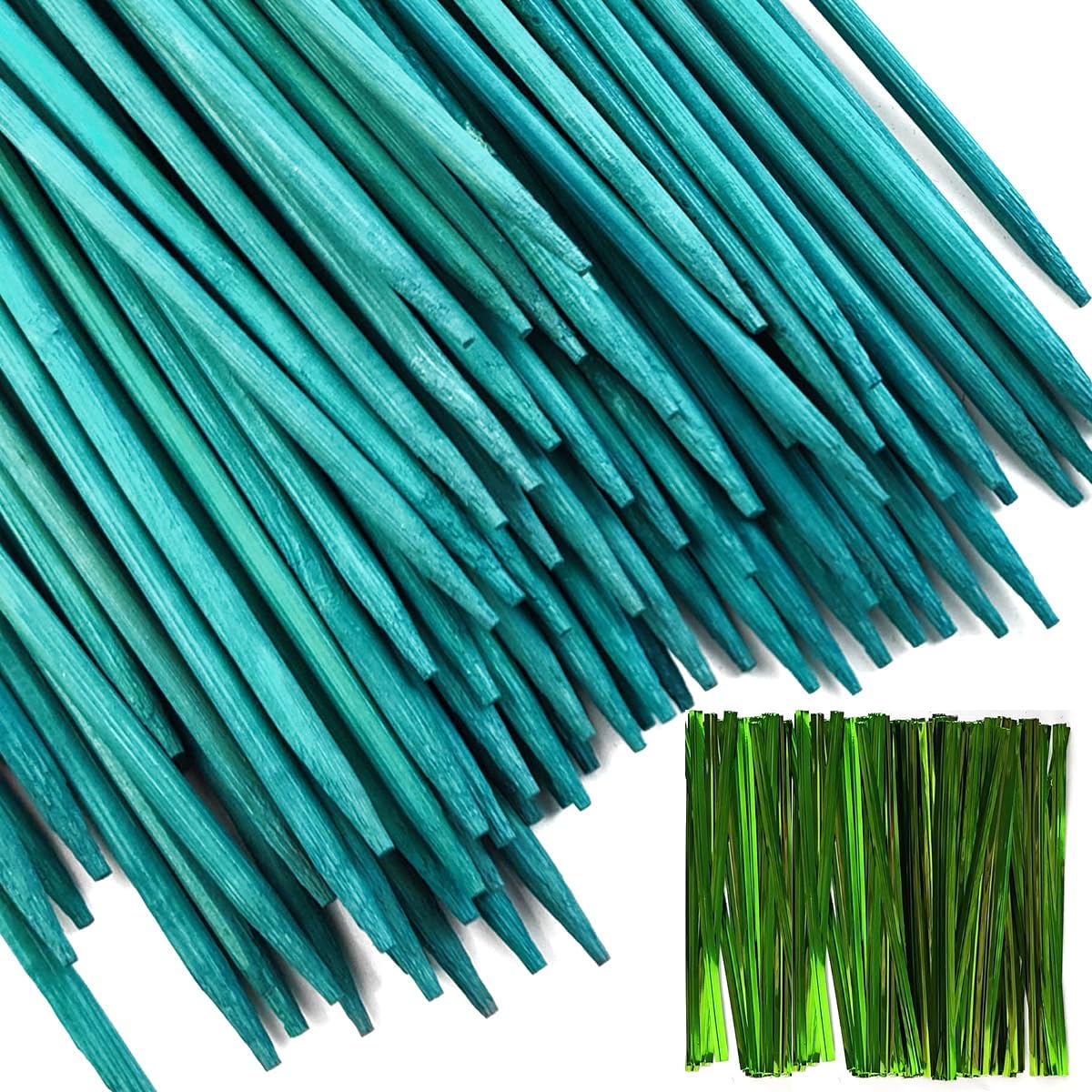 TIHOOD 100PCS 18" Wooden Garden Stakes with 100PCS 4" Garden Ties, Green Bamboo Sticks, Floral Plant Support, Tomato Stakes