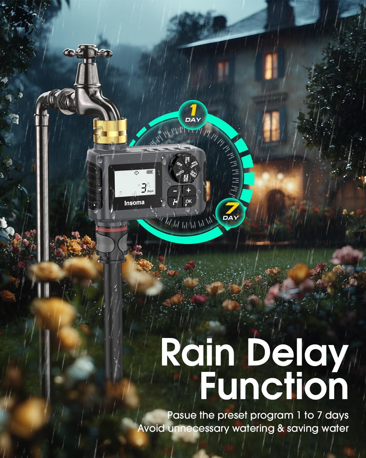 Water Timer with Brass Inlet & Outlet for Outdoor Garden Hose, Hose Timer with Rain Delay/Manual Mode, Automatic Drip Irrigation Controller System for Lawn Yard Garden Watering