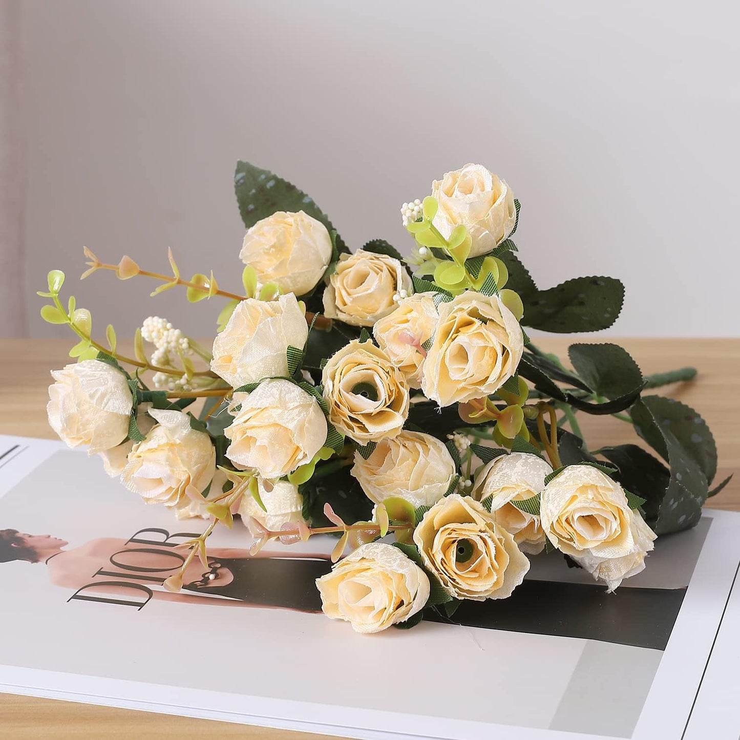 Duovlo 7 Branch 21 Mini Rose Heads Artificial Flowers Bouquet Wedding Home Office Decor,Pack of 4 (4, Champagne)