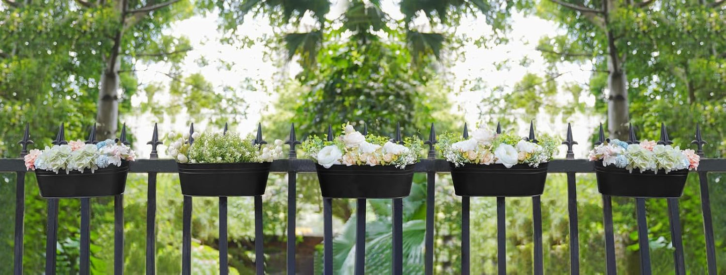 Dahey 5 Pcs Metal Iron Hanging Flower Pots for Railing Fence 15.7 Inch Hanging Bucket Pots Countryside Style Window Flower Plant Holder with Detachable Hooks for Garden Yard Home Decor, Black